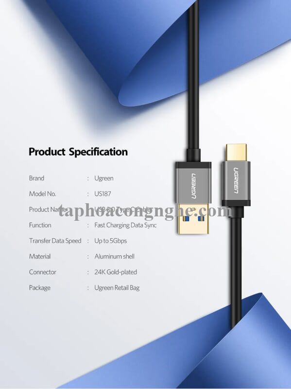 Ugreen 30532 0.5M màu Đen Cáp dữ liệu USB Type-C sang USB 3.0 truyền dữ liệu từ máy tính ra điện thoại US187 30030532